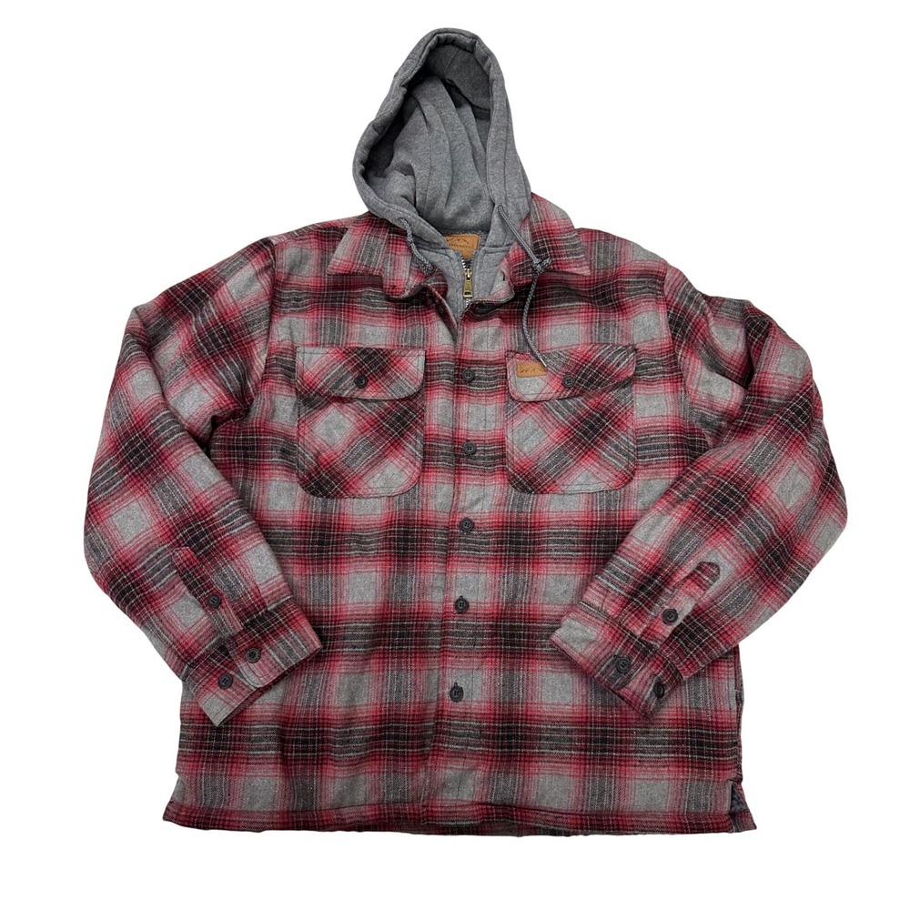 Mountain Ridge Hooded Flannel Shirt Jacket Red Grey Plaid Sherpa Lined L Mens